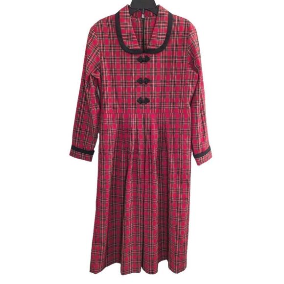 J.G. Hook Vintage 90s red & black plaid big collar long sleeve dress womens 14 - Picture 1 of 6